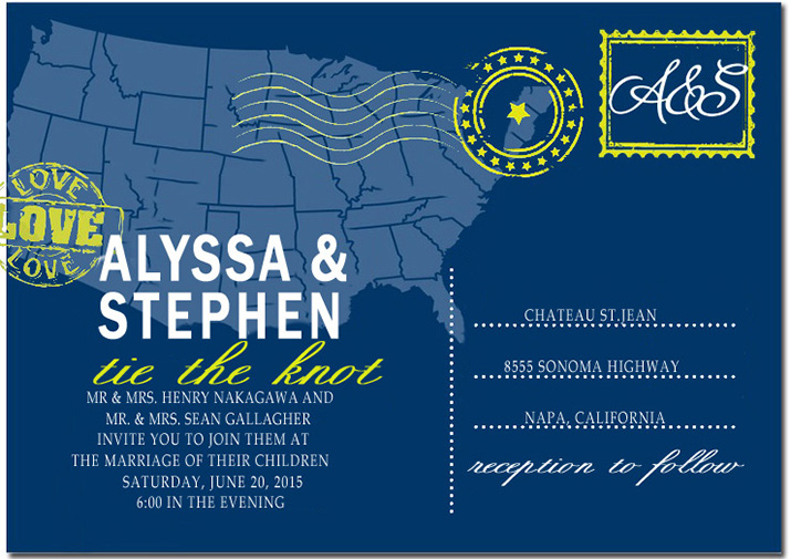 Navy Blue and Yellow Wedding Invitations