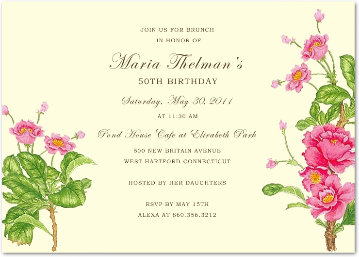 Camellia Flower Fifty Brunch Birthday Party Invitations HPBP173