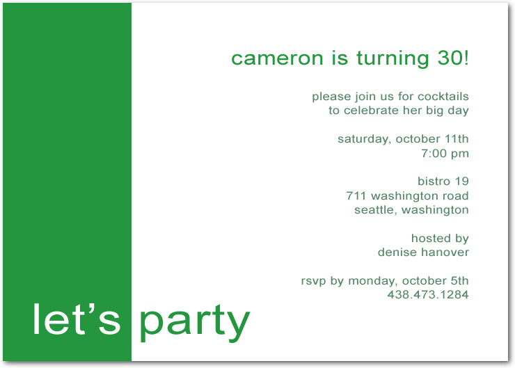 Green Simple Let's Party Birthday Invitation Cards HPBP175